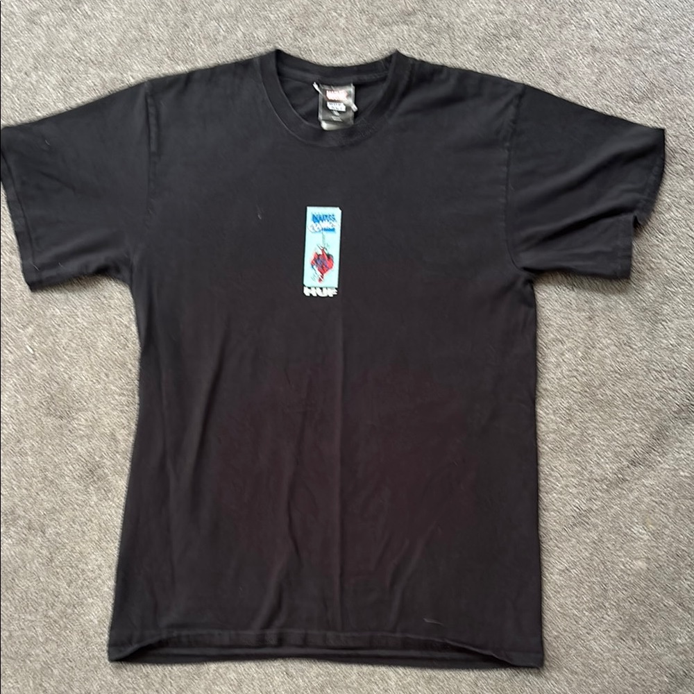 Marvel HUF black graphic t-shirt featuring Spiderman